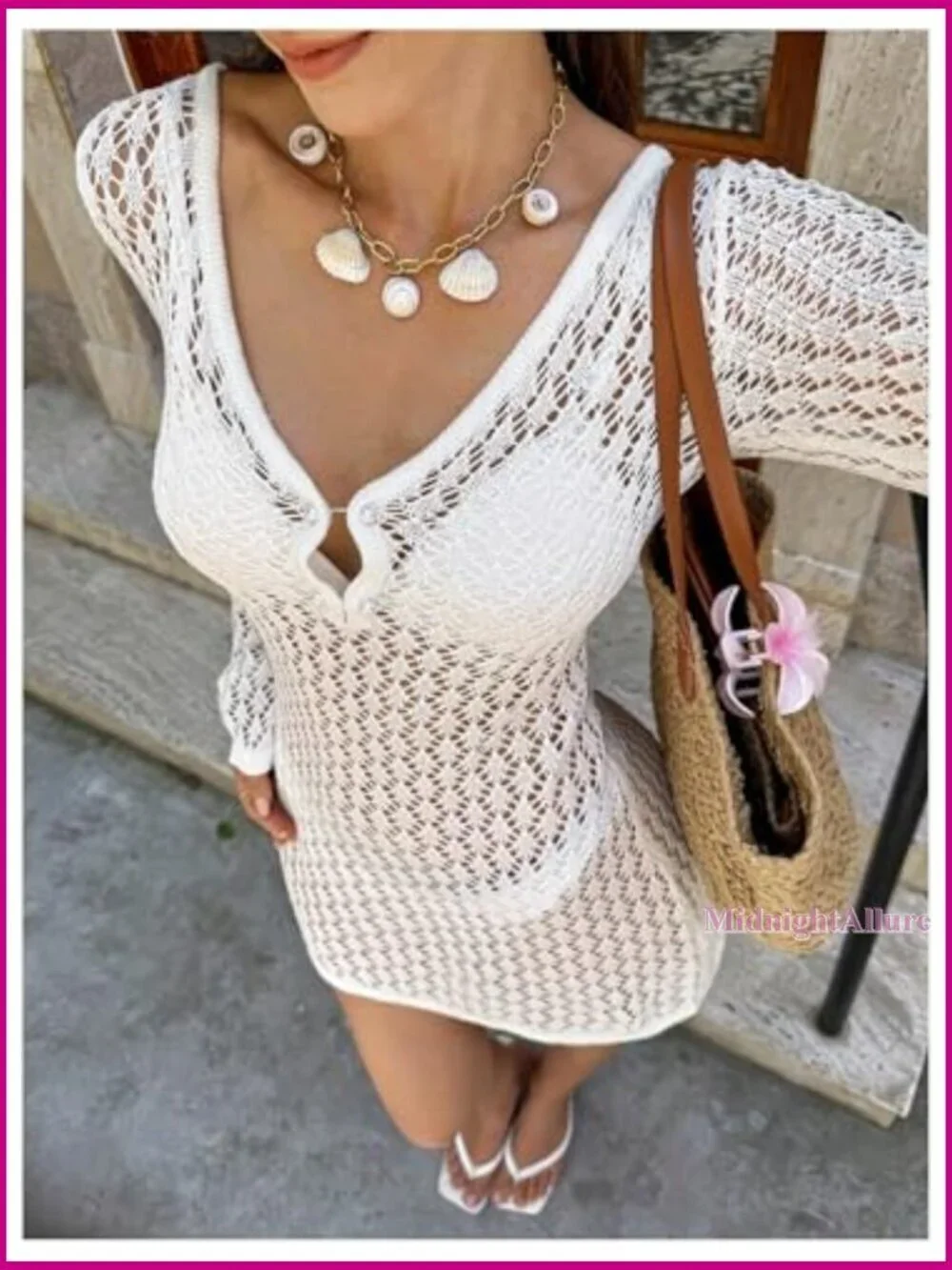 Long Sleeve Crochet Beach Cover Up Hollow Out Mesh Swim Dress